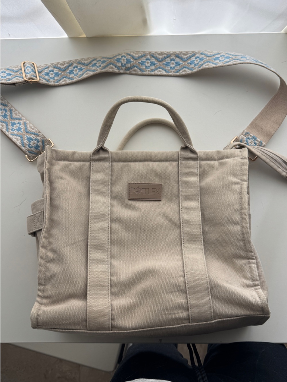 POPFLEX Beige Canvas Tote with Patterned Blue Strap